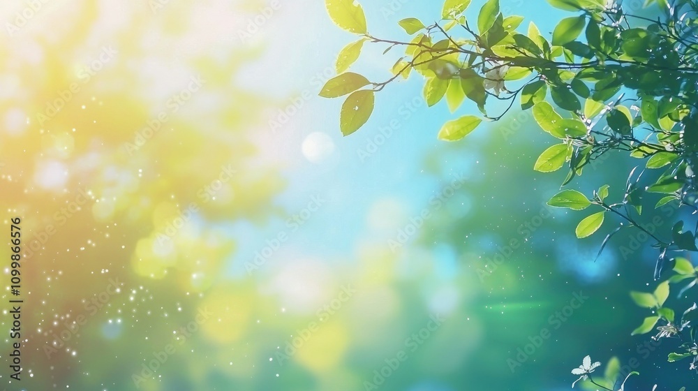 Obraz premium Vibrant summer background with a mix of blue sky, green trees, and sunlight filtering through 