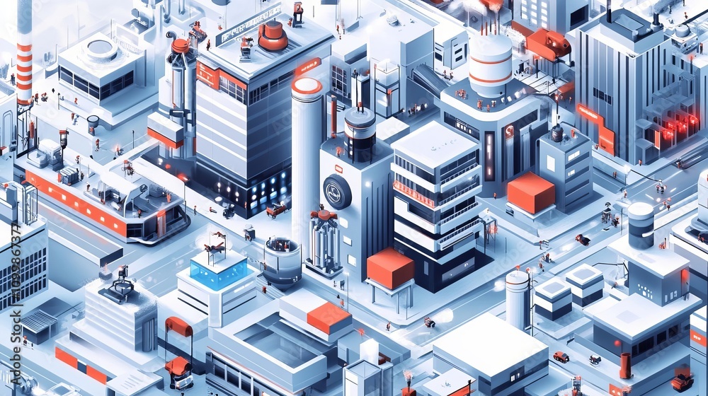 Obraz premium Isometric illustration of an industrial city with buildings, cranes, and trucks. 