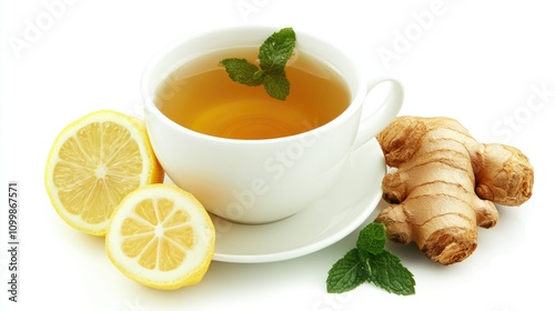 Ginger tea infusion in a white cup with fresh lemon slices, mint leaves, and ginger root on a white background, highlighting a healthy and refreshing drink. photo