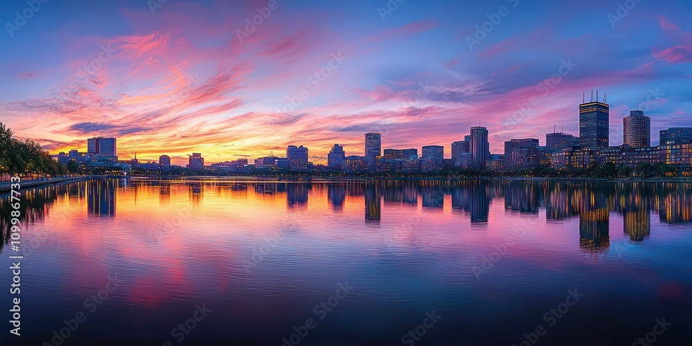 Fototapeta premium The Boston skyline seen across the Charles River at dusk, with reflections of buildings in the water.
