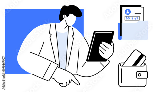 Medical professional holding a tablet, pointing to patient files, wallet with card. Ideal for healthcare, telemedicine, digital records, finance, hospital management, consultations modern medicine