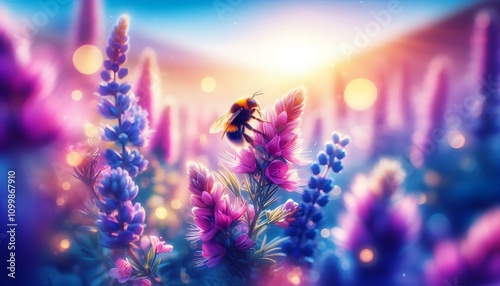 Illustration of bee perched in purple flower