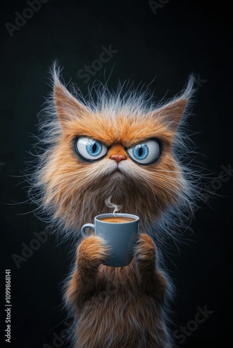 Charming Fluffy Cat with Blue Eyes Savoring a Steamy Coffee Moment