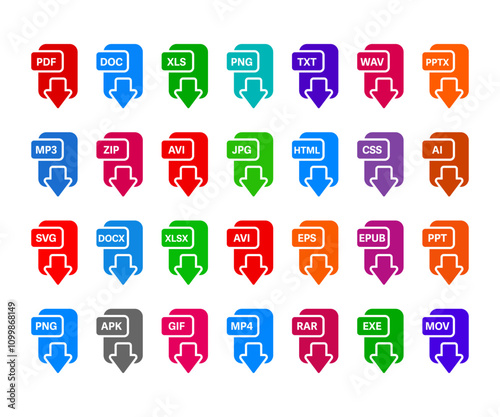 File download icons. File format extensions PDF, JPG, PNG, XLSX, MP4, DOCX, ZIP File download formats in flat design. File format download and documents extensions. Icons for ui. Vector illustration.