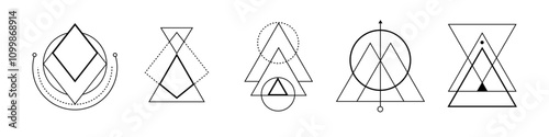 Geometric triangle with esoteric symbols, including pentagram and mandala shapes, ideal for spiritual and occult-themed decorations.