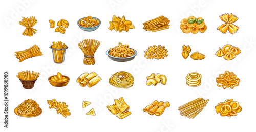 Cartoon pasta. Italian macaroni and spaghetti in pots, asian wok flour and rice noodles, ravioli rigatoni linguine ingredients for cooking, food culinary groceries elements, isolated illustrations