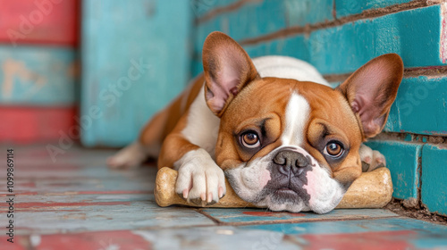 Miniature Bulldog. A cute dog relaxes on a colorful tiled floor, resting its head on a chew toy, surrounded by vibrant walls. photo