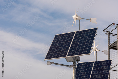 Na zdjęciu są panele słoneczne i małe turbiny wiatrowe, które produkują energię z odnawialnych źródeł. Widać niebo z chmurami i fragment metalowej kratownicy obok urządzeń