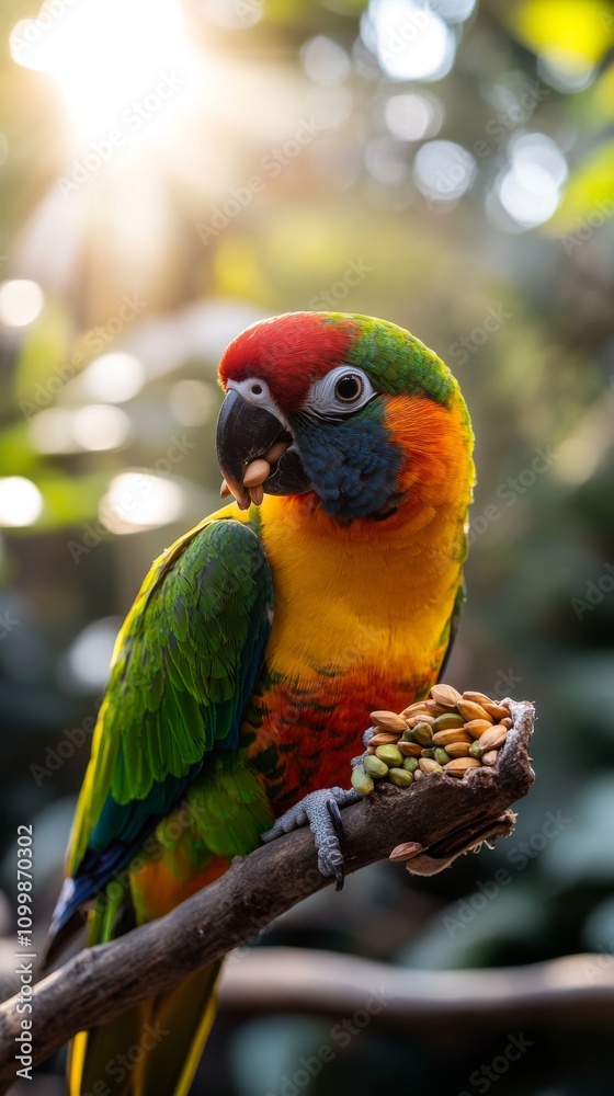 Obraz premium Colorful Parrot Nibbling on Seeds in Sunlight