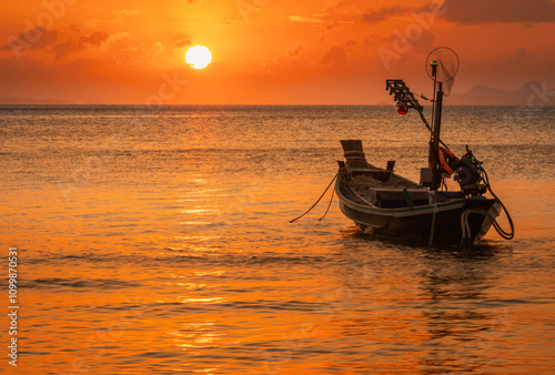  Silhouette fishing boat moored floating on tropical beach while sunset time at Bang Makham beach Samui, Thailand photo