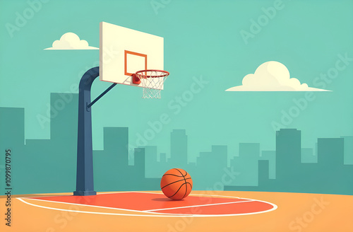 Illustration depicting a basketball hoop and a basketball ball in the center of a sports field.