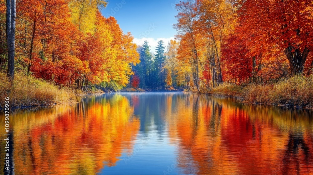 Obraz premium Autumn Trees Reflecting in Calm Water