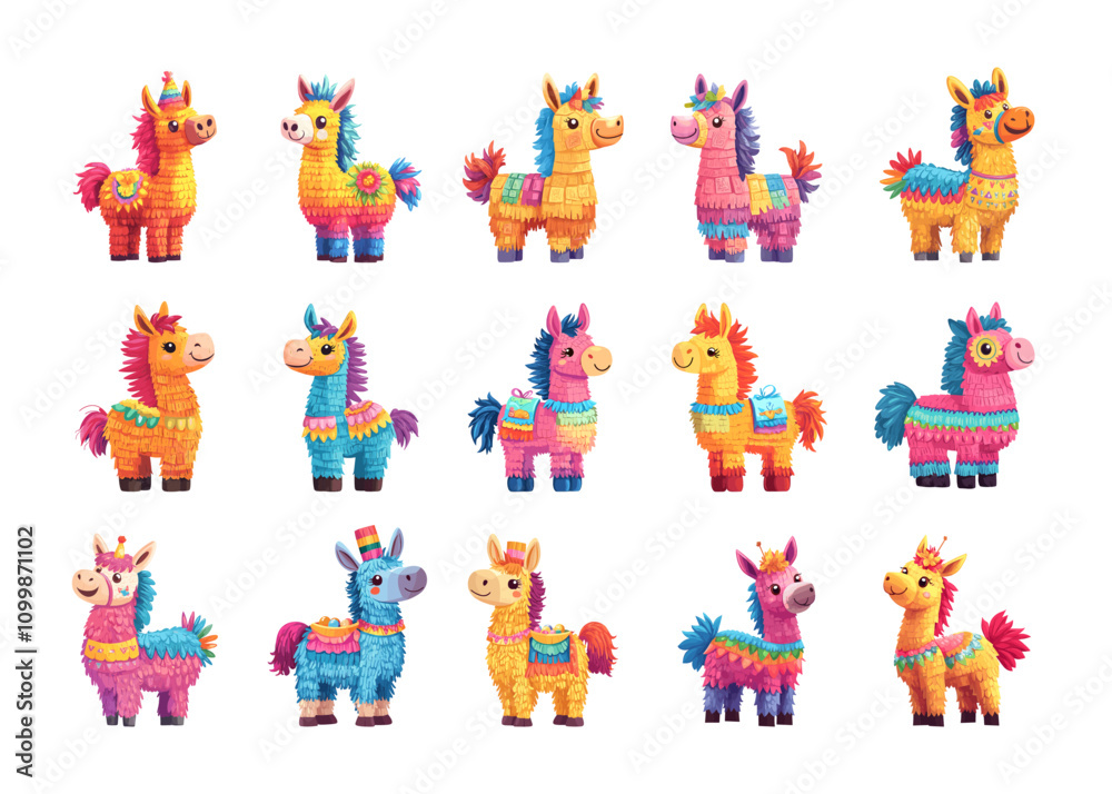 Fototapeta premium Cartoon pinatas. Paper donkey little horse with treats inside, for kids party and child birthday celebration, mexican toy candies vessel, cute lama animal for fiesta or carnival vector illustrations