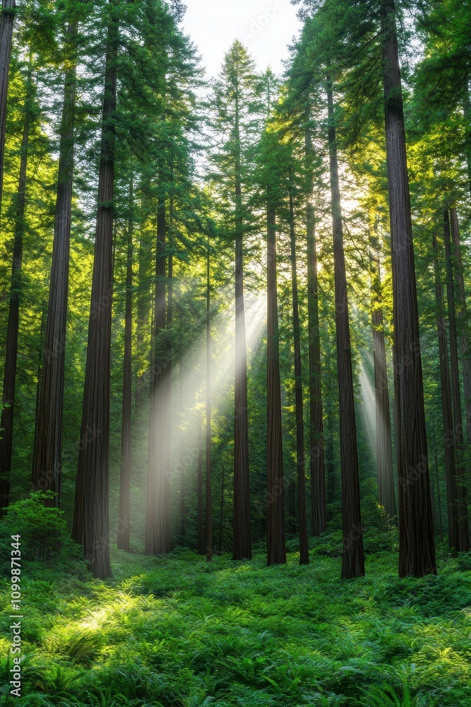 Obraz premium Captivating Twilight Scene in Redwood National Park's Towering Forest