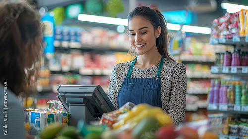 Friendly cashier assisting customer at busy grocery store checkout photo