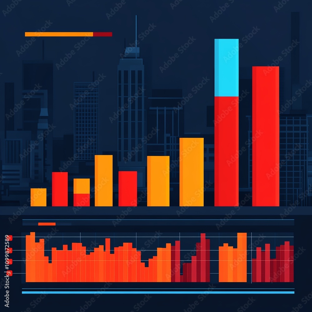 Fototapeta premium City skyline with rising financial charts.