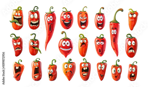 Cartoon red hot pepper characters. Jalapeno and chili emotional avatars, spicy cute vegetable with funny faces, isolated vector illustrations on white background