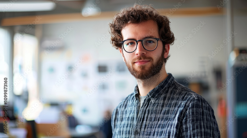 Fototapeta premium Young male UI UX designer in a modern creative office space