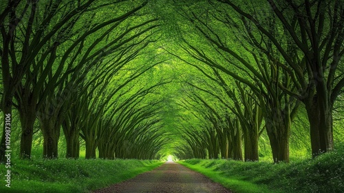 Serene path under a canopy of lush green trees. A tranquil nature scene.