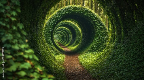 A mesmerizing pathway winds through lush, green tunnels of nature, creating a captivating visual illusion.