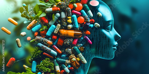 Mind Over Matter: A digital art piece depicts a human head engulfed in a swirling vortex of pills, symbolizing the complex relationship between the mind and medication. photo