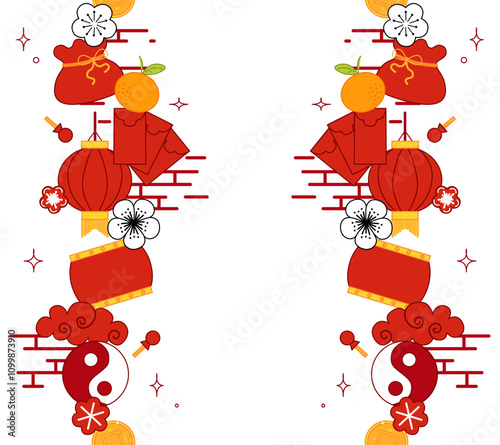 chinese new year elements seamless vertical border pattern frame. china oriental traditional elegant, simple, abstract decoration. Vector graphic illustration photo