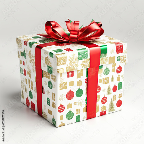 White gift box with red ribbon and snowflakes on white background