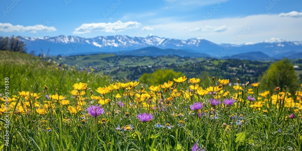 Obraz premium Close-up of the foothills leading to the Denver mountains during spring, with blooming wildflowers and blue skies.