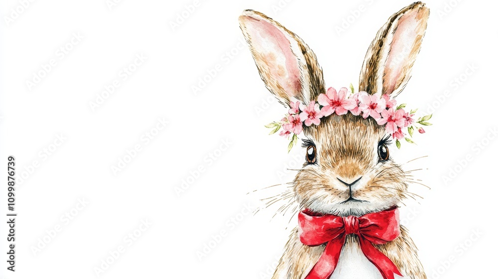Obraz premium Cute Bunny with Flower Crown and Red Bow, Woodland Animal Illustration, White Background, Adorable Bunny Art Print