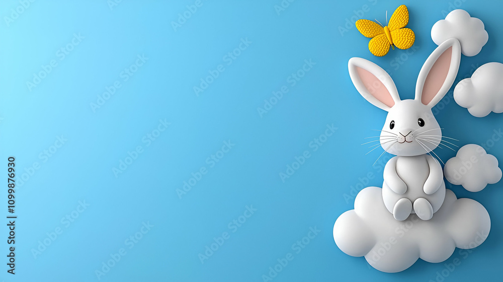Obraz premium A cute cartoon rabbit sits on fluffy clouds with a butterfly hovering above, against a bright blue background.