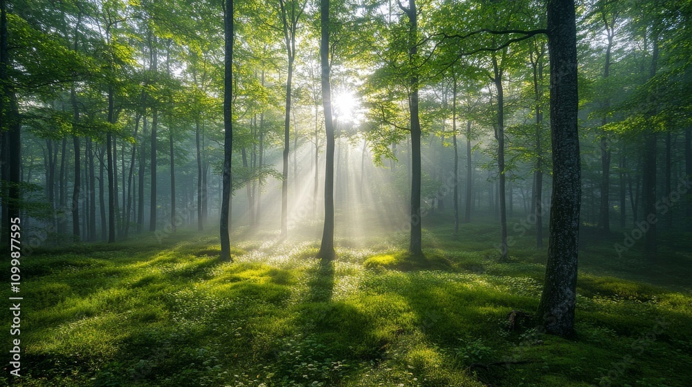 Fototapeta premium Sunbeams Illuminate Misty Green Forest Floor