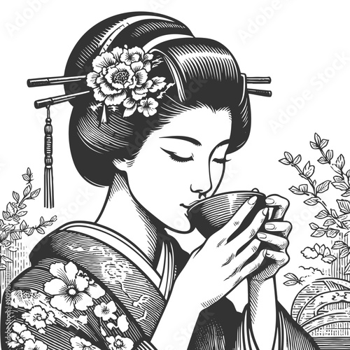 geisha in a floral-patterned kimono, holding a tea cup with grace and serenity sketch engraving generative ai fictional character vector illustration. Scratch board imitation. Black and white image.