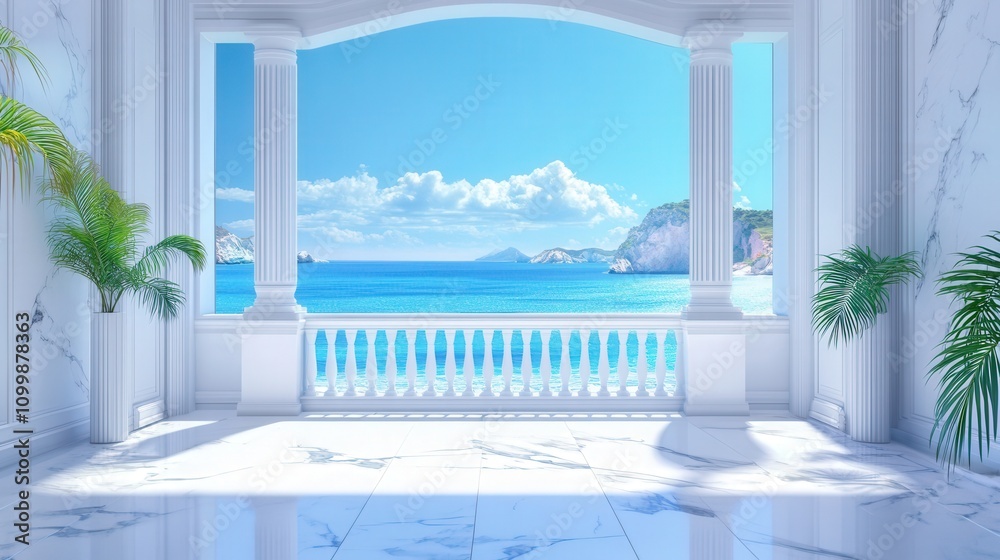 Fototapeta premium White Marble Balcony Overlooking A Tranquil Ocean Scene