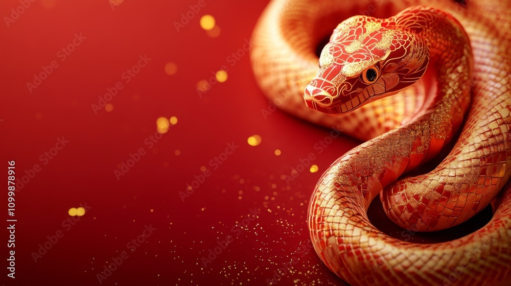 Fototapeta premium red background, golden paper cut snake illustration at the side, glittery effect to spice up