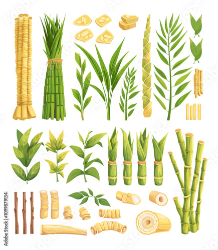Cartoon sugar cane. Stalk plant for sucrose and fructose production, sweet agricultural saccharine reed shrub with leaves for making sugary powder, isolated vector illustrations
