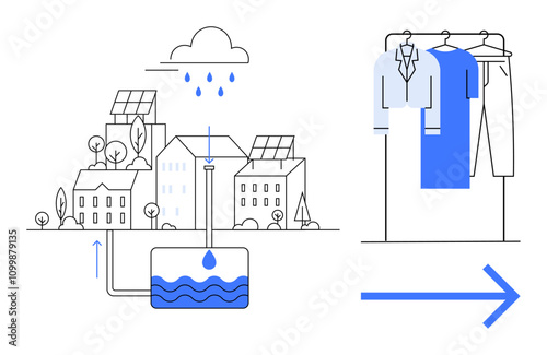 Urban buildings with solar panels collecting rainwater into a reservoir. Clothing items on a rack depict sustainable fashion. Ideal for sustainability, water conservation, green energy, urban