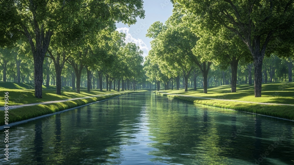 Fototapeta premium Serene Canal Pathway Lined With Lush Green Trees