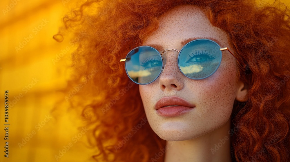 Fototapeta premium A woman with red hair and blue sunglasses is smiling