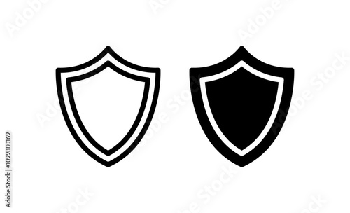 Shield icon set in black vector isolated on white background. Protection, security, approve sign, safeguard concept. Logo, symbol, label, icon vector
