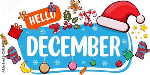 Hello December banner design template with santa hat, christmas tree, candy, hat, mittens, berries, stars, gifts, balls, moon , gingerbread man, cookies. Hello December blue sticker isolated on white