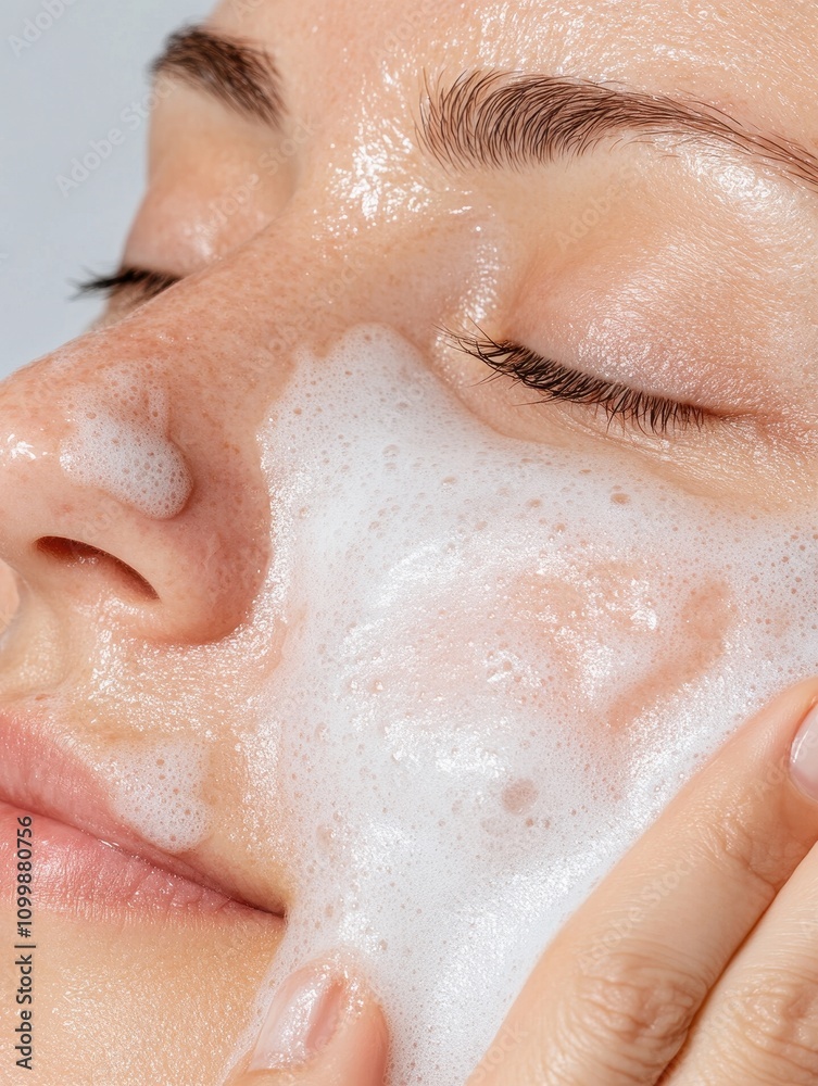 Fototapeta premium Close-Up of a Woman's Face Being Gently Cleansed with Foam
