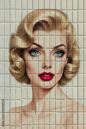 Female face with blue eyes, blonde hair and red lips that reminds us of the famous movie stars of the 50s but painted or embedded in the wall	
