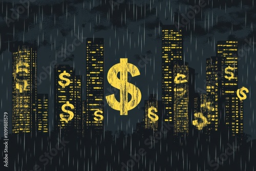 Urban Cityscape with Dollar Signs in Cold Colors