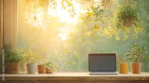 Relaxed video call among colleagues at home office natural light setting digital communication tranquil environment cozy viewpoint work-life balance concept
