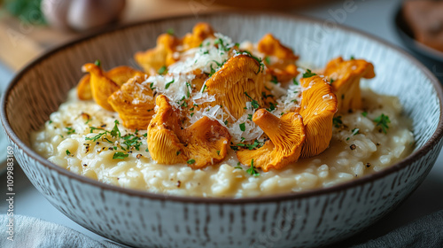 Creamy risotto with Eierschwammerl mushrooms and parmesan photo