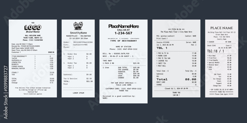 Collection of Register Sale Receipt. Set of Receipt Template Vector with Different Layout