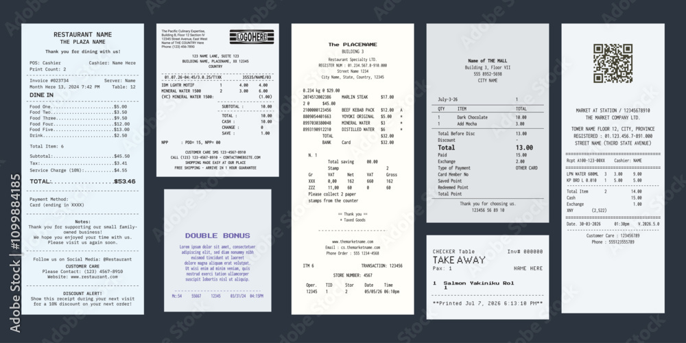 Obraz premium Collection of Register Sale Receipt. Set of Receipt Template Vector with Different Layout and Paper Color