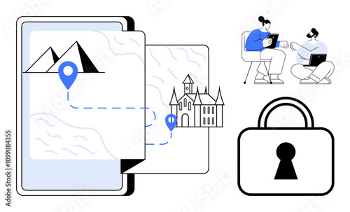 Digital device showing a navigational map with location markers, a castle, people discussing with devices, and a security lock. Ideal for travel, technology, security, collaboration, planning