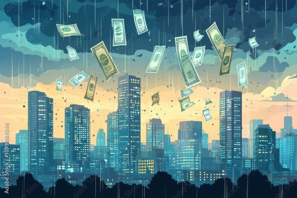 Obraz premium Urban Skyline with Dollar Signs and Crumbling Skyscrapers