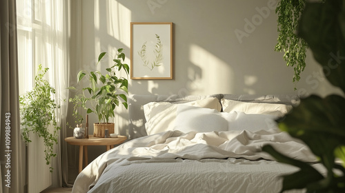 Scandinavian, Nordic style interior design of cozy and modern bedroom.